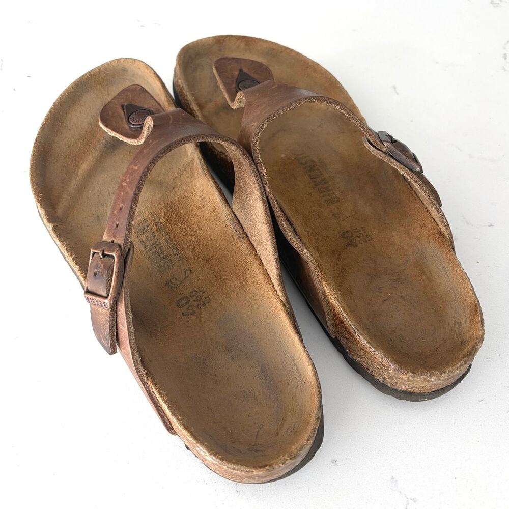 Birkenstock Gizeh oiled leather sandals sz 40 brown patina casual boho comfort - Picture 3 of 9